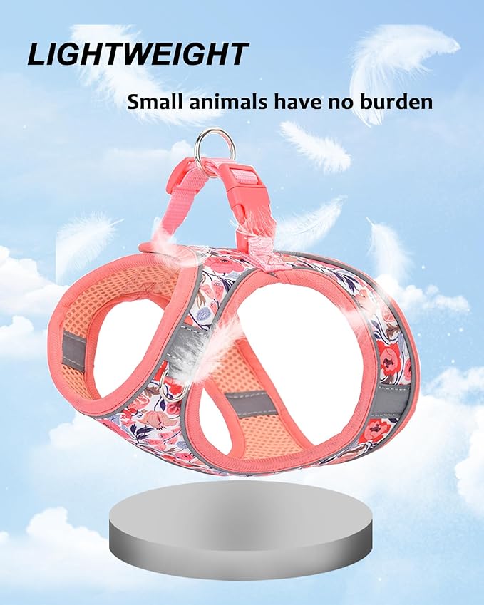 M Peach Flower Pattern Dog Harness and Leash Set,No Escape Puppy Harnesses for Training Walking，Breathable Adjustable Puppy Vest for Small Medium Dogs, Cats (Peach, M)