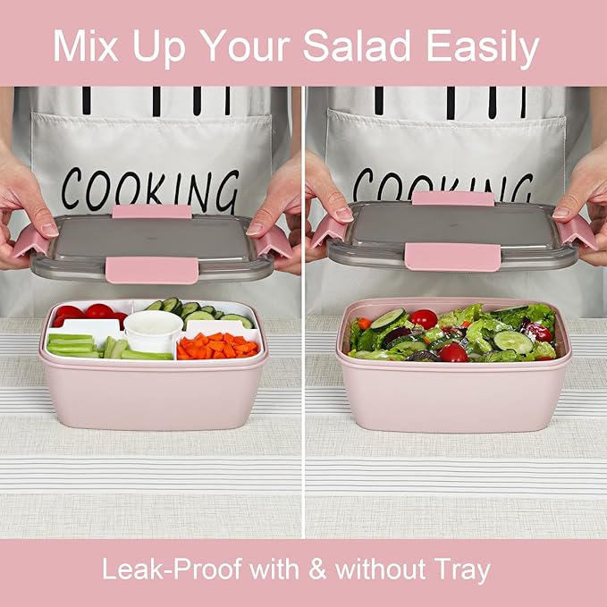 Caperci Large Salad Lunch Container - Adult Bento Lunch Box with 68 oz Salad Bowl, 5-Compartment Tray, 2pcs 3-oz Sauce Cups, Stackable, BPA-Free (Pink)