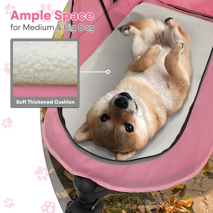 Pet Stroller for Large Dogs or Multiple Dogs Cats with Adjustable Handle, 3-Wheels Dual Entry Visible Portable Dog Carting Easy Folding Pet Wagon Double Dog Stroller up to 55 lbs, Pink
