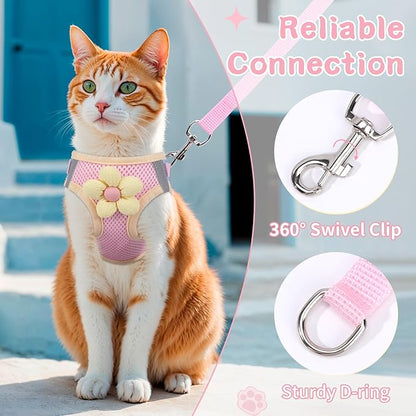 Cat Harness and Leash Set for Walking Escape Proof, Adjustable Kitten Harness Breathable Mesh with Reflective Strips Harness with Flower for Kitty Puppy Bunny Pink M