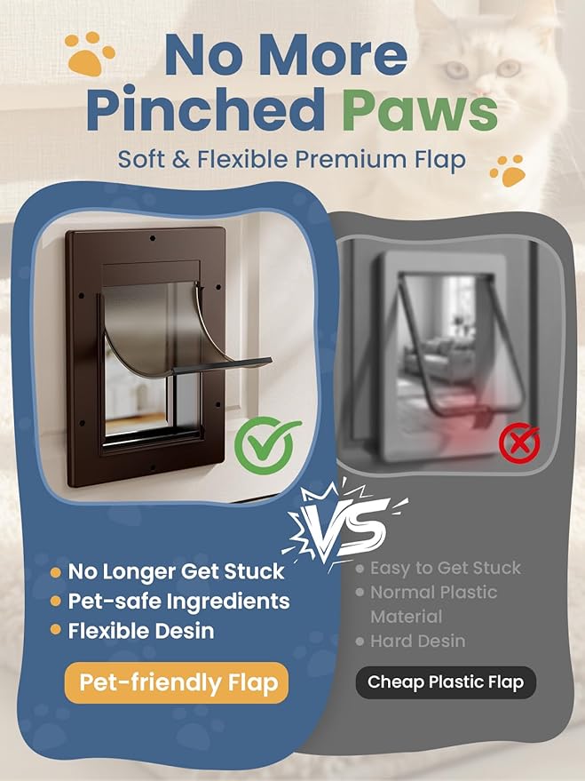 Cat Door, Cat Door Interior Door with Soft Magnetic Flaps, Sliding Panel Closure, Telescoping Tunnel, Easy DIY Installation Kitty Door, Exterior Cat Doors for Cats Up to 20 lbs, Brown