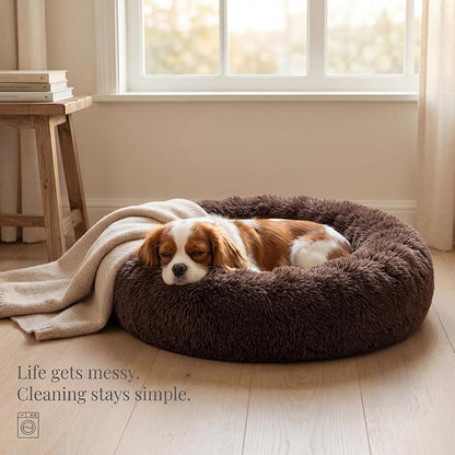 Calming Dog Bed for Medium Dogs Washable Donut 30 inches Anti-Slip Pet Bed,Round Fluffy Plush Faux Fur Cat Bed,Fits up to 45 lbs Pets,Chocolate Brown