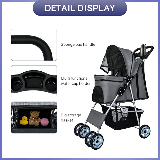 BestPet 4Wheels Pet Dog Stroller for Folding Lightweight Cat Travel Stroller with Cup Holder,Grey