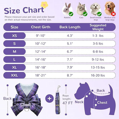 Cute Dog Harness and Leash Set with Bow Tie Soft Mesh Plaid Girl Puppy Harness No Pull Pet Cat Dog Vest Harness for Small Dogs Chihuahua Rabbit Outfit (Purple,L)