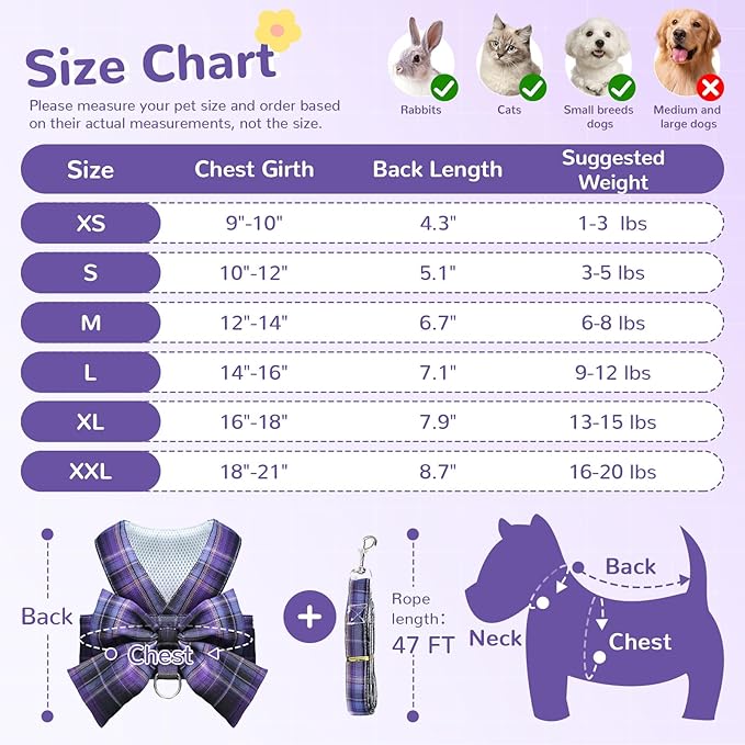 Cute Dog Harness and Leash Set with Bow Tie Soft Mesh Plaid Girl Puppy Harness No Pull Pet Cat Dog Vest Harness for Small Dogs Chihuahua Rabbit Outfit (Purple,XS)
