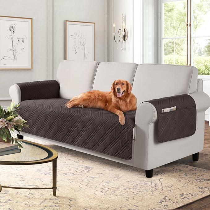 TAOCOCO Waterproof Sofa Covers for Dogs Pets with Non Slip Backing, Couch Seat Covers with Side Pocket for 3 Cushion Couch Washable Dog Couch Cover Protector Sofa Slipcovers(Sofa, Chocolate)