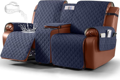 Ruaozz Waterproof Loveseat Recliner Cover with Console Non-Slip Reclining Couch Covers Split Sofa Slipcovers with Elastic Straps Furniture Protector for Kids, Dogs, Pets (Dark Blue, 2 Seater)