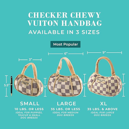 Haute Diggity Dog Chewy Vuiton Handbag Plush Squeaky Dog Toy, Soft Durable Designer-Inspired Stuffed Puppy Chew Toys for Small & Medium Dogs, Machine-Washable (Tan Checker) Small