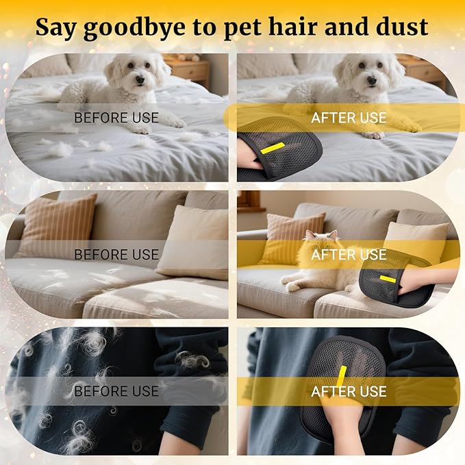 3Pack 2026-Upgraded Pet Hair Removal Glove for Dogs & Cats, Reusable Electrostatic Pet Hair Remover Glove for Couch, Furniture, Carpet & Car Seat, Best Grooming Gloves for Pets Hair Removal & Massage