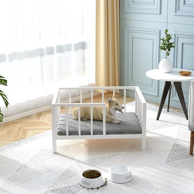 OSCHF Dog Bed with Rails - Elevated Pet Metal Bed Frame with Solid Wood Board and Washable Soft Mat for Small Dog Indoor or Outdoor Use, 21.3" x 30 ", White