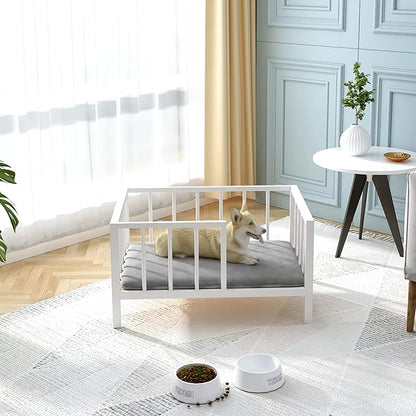 OSCHF Dog Bed with Rails - Elevated Pet Metal Bed Frame with Solid Wood Board and Washable Soft Mat for Small Dog Indoor or Outdoor Use, 21.3" x 30 ", White