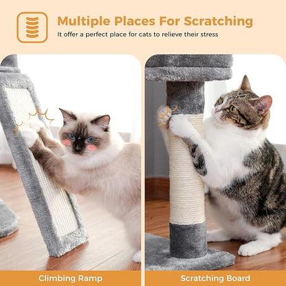 MUTTROS Cat Tree, Multi-Level Cat Tower for Indoor Cats, Cat Climbing Tree Condo with Sisal Covered Scratching Posts, Deep Hammock and Interactive Cat Toy, Gray
