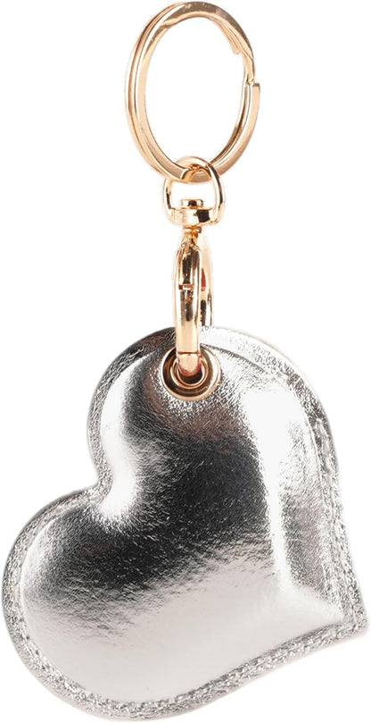 Leather Charm Keychain Holder Case Compatible with AirTag,Cute Protective Heart-Shaped Cover with Luxe Ring Clip,Finder GPS Tracker Case for Wallet Keys,Bag,Pets(Silvery)
