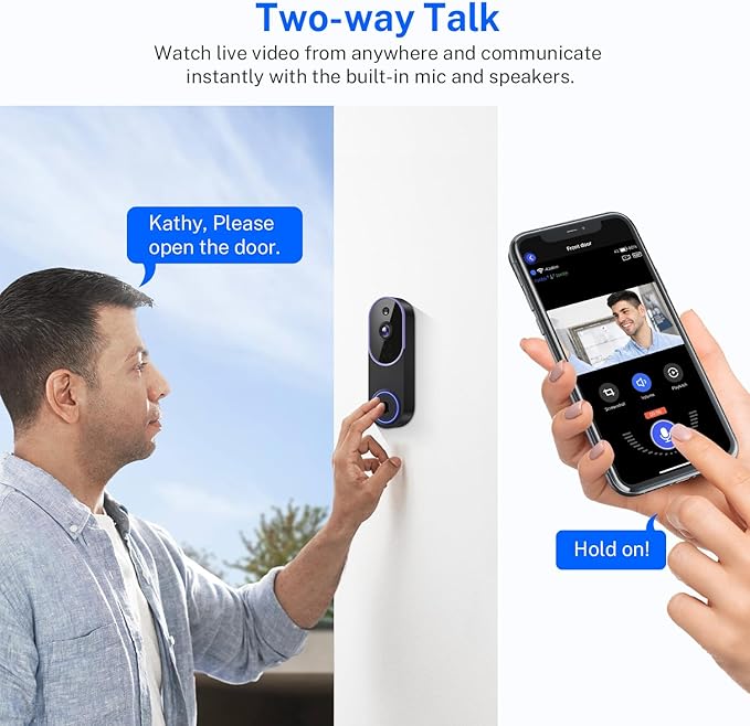 1080P Video Doorbell Camera Wireless, Smart AI Human Detection, 2-Way Audio, Battery Powered, 2.4GHz WiFi, IR Night Vision, Indoor Outdoor, Motion Alert