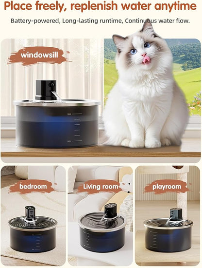 Stainless Steel Wireless Cat Water Fountain 3.2L/108oz Automatic Cat Water Dispenser 4000mAh Battery Operated Large Capacity Pet Water Fountains for Cats Dogs (ABS)