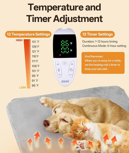 Ringco Pet Heating Pad for Cats & Small Dogs with 12 Adjustable Temperature, Waterproof & Chew Resistant Cat Heating Pad with Timer, Heated Cat Bed with Fleecy Cover (S: 20” x 16”)