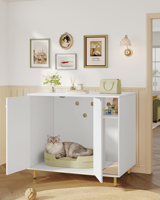 Hzuaneri Extra Large Cat Litter Box Enclosure, Automatic Litter Box Furniture with Scratch Pad, Wooden Modern Self-Cleaning Cat Cabinet with Storage, Cats House, End Table, White and Gold CB87103G