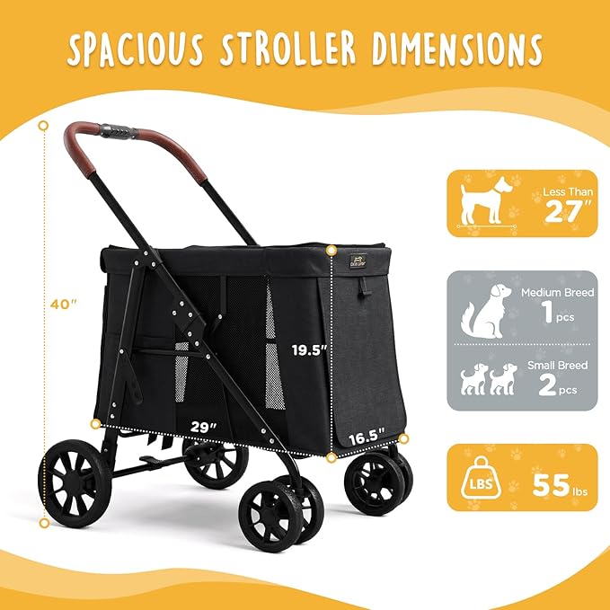 CANINE CANYON Scout Pet Stroller, Heavy Duty Dog Stroller for Small & Medium Dogs, Foldable Pet Stroller with All-Terrain Wheels, Breathable Mesh, Storage Pocket & Cup Holder, 55 lbs Capacity, Black