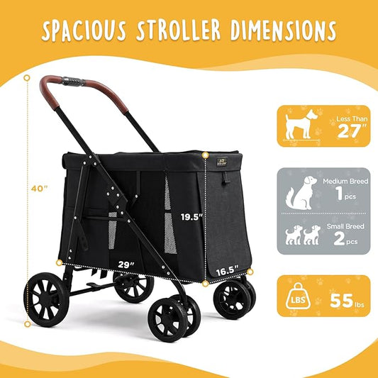 CANINE CANYON Scout Pet Stroller, Heavy Duty Dog Stroller for Small & Medium Dogs, Foldable Pet Stroller with All-Terrain Wheels, Breathable Mesh, Storage Pocket & Cup Holder, 55 lbs Capacity, Black