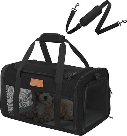 Pet Carrier Airline Approved 17x11x9.5 in - Underseat, Top & Side Entry Soft Dog Cat Travel Carrier with Safety Zippers ＆ Anti-Scratch Mesh for Small Cat and Dog for Pets Up to 10 Lb - Black