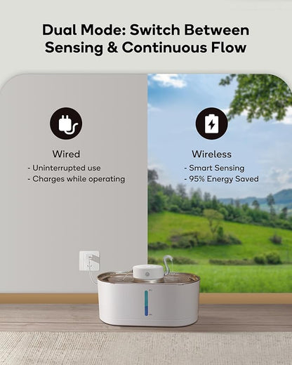 Cat Water Fountain Cordless, 108oz/3.2L Wireless Cat Fountains for Drinking, Pet Water Fountains for Cats Indoor, Automatic Cat Water Dispenser Battery Operated Rechargeable, Stainless Steel White