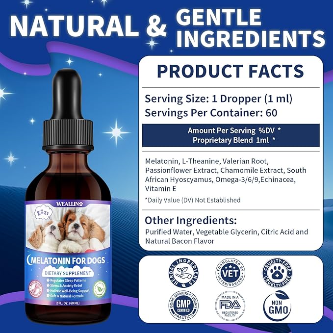 WEALLIN Melatonin for Dogs with L-Theanine & Chamomile | Anxiety Relief & Calming, Relaxation & Sleep Support Liquid Dog Melatonin | Fast-Absorbing & Bacon Flavor (2 PCS)