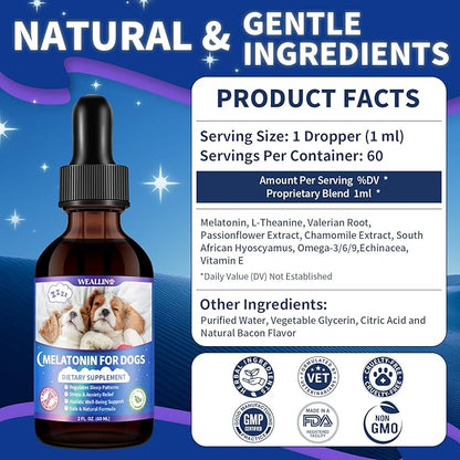 WEALLIN Melatonin for Dogs with L-Theanine & Chamomile | Anxiety Relief & Calming, Relaxation & Sleep Support Liquid Dog Melatonin | Fast-Absorbing & Bacon Flavor (2 PCS)