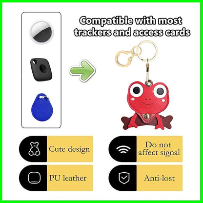 Leather Keychain Holder Case Compatible with AirTag,Cute Protective Cover with Keyring,Anti-Scratch Finder GPS Tracker Case for Wallet Keys,bag,pets,Backpack(Frog Red)