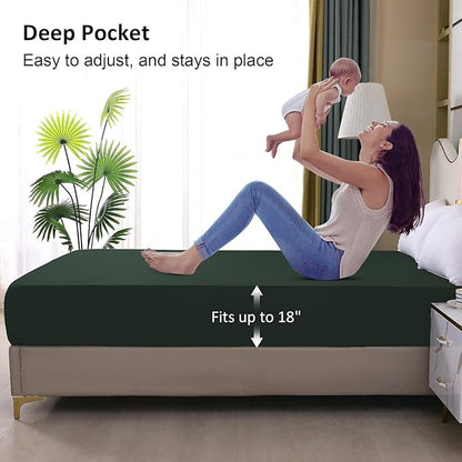 Waterproof Mattress Protector Twin, Fitted Sheet Style Breathable Mattress Cover with Deep Pocket Fits Up to 18'', Noiseless Bed Cover for Kids Adults, Machine Washable (Green, 39'' X 75'')