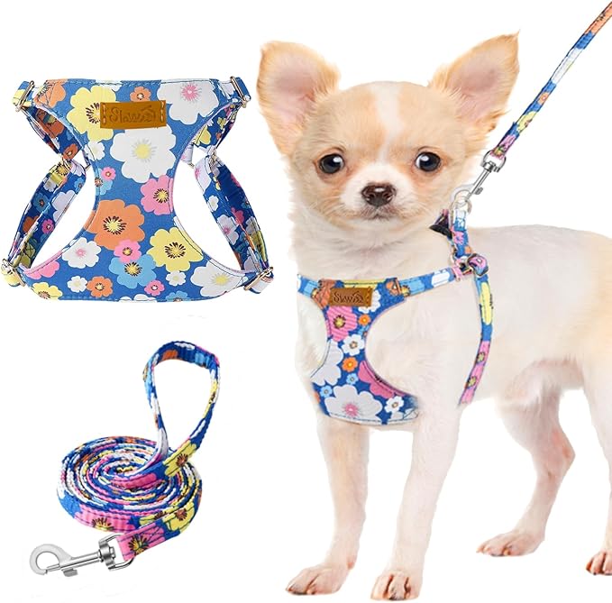 Lukovee Puppy Harness and Leash Set, No Pull Lightweight Soft Suede Adjustable Pet Harness Vest with Snap Buckle for Puppy Small and Medium Size Dog (Blue Flower, S)