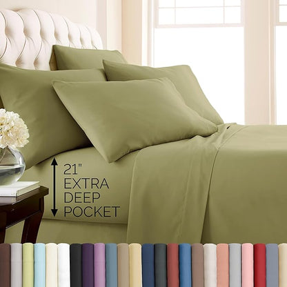 Southshore Fine Living, Inc. 21-Inch Deep Pocket King Sheet Set, 6-Piece Sage Green King Size Sheets Set, Full Elastic Fitted Sheet, Oversized Flat, 4 Pillow Cases, Sage Green Sheets