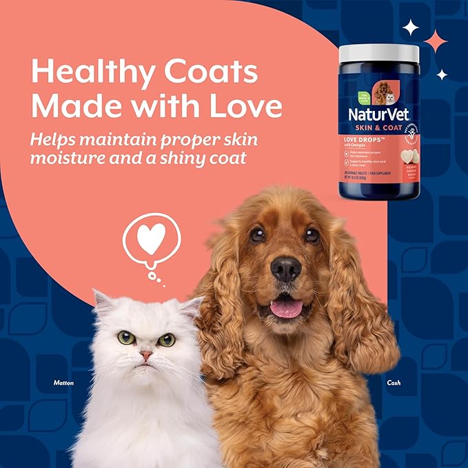 NaturVet Love Drops Plus Omegas Skin & Coat Supplement for Dogs and Cats – for Dog Skin, Cat Coats – Includes Brewer’s Dried Yeast, Omega-3, Omega-6 – Peanut Butter Flavor – 200 Ct.