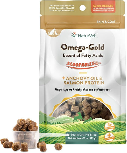 NaturVet Scoopables Omega-Gold Anchovy Oil & Salmon Supplement For Dogs and Cats - Supports Healthy Skin & Coat Plus DHA, EPA, Omega-3, & Omega-6 - Anchovy & Salmon Flavored For Dog and Cat | 11oz Bag