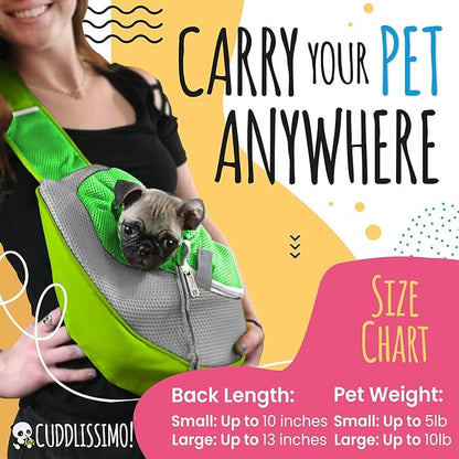 Cuddlissimo! Pet Sling Carrier - Small Dog Puppy Cat Carrying Bag Purse Pouch - for Pooch Doggy Doggie Yorkie Chihuahua Baby Papoose Bjorn - Hiking Travel Front Chest Body Holder Pack to Wear (Green)