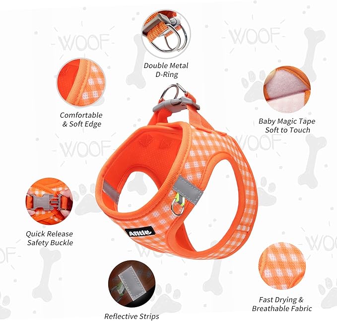 AIITLE Small Dog Harness with Leash – Soft Breathable Mesh, Plaid Pattern & Reflective Strips – Ideal for Training, Running & Party Outings (S, Orange)