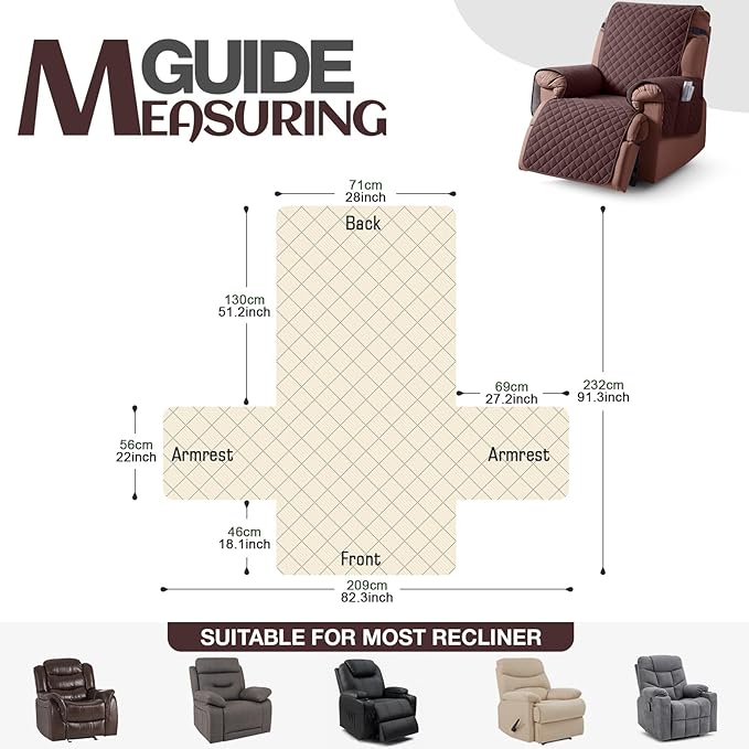 KinCam 100% Waterproof Recliner Chair Cover, Reclining Couch Covers for Pets, Dogs, Recliner Couch Slipcover Furniture Protector with Elastic Straps for Kids(28", Coffee)