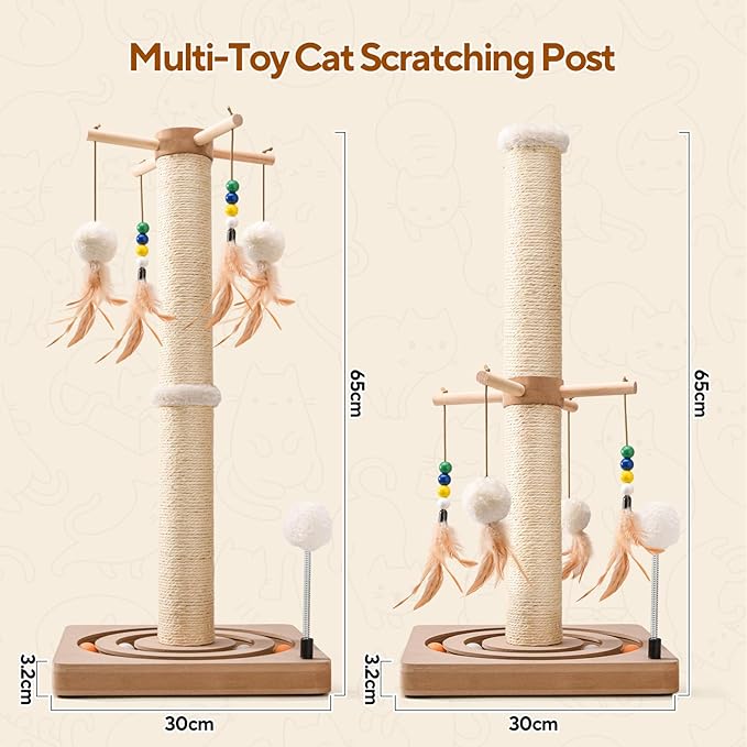 LIFLIX 25 Inches Cat Scratching Post with Interactive Toys, Sisal Cat Scratch Post with Sturdy Ball Track Base for Indoor Cats and Kittens