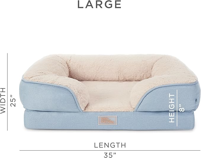 Town & Country Everyday CuddleTown Comfy Solid Bolster Sofa Pet Bed, Supportive & Calming Egg Crate Foam, Non-Slip Bottom, Machine Washable Cover, Blue, Large 35"x25"x8"