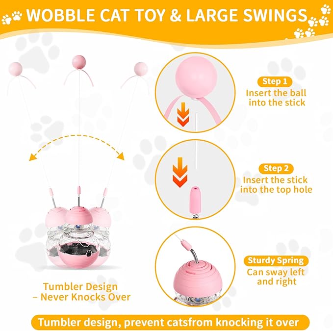 Cat Interactive Toys Engaging Wand, Slow Food Treat Dispenser, and Tumbler Design for Indoor Cats Durable, Non-Toxic, Ideal for Exercise and Boredom Relief Gift for Kitten, Pink