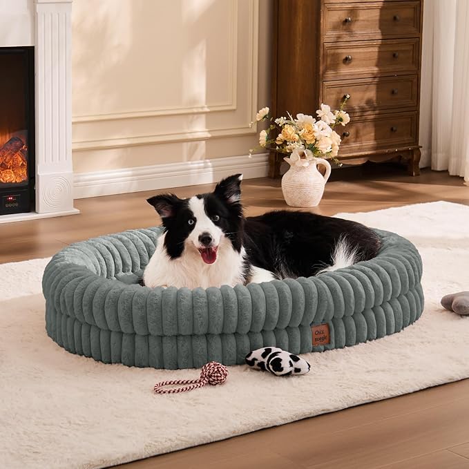 ChiXnuggle XL Dog Bed - Luxury Striped Faux Fur Waterproof Pet Couch with Removable Washable Cover, Orthopedic Dog Bed with Bolster Sides for Sleeping, Grey