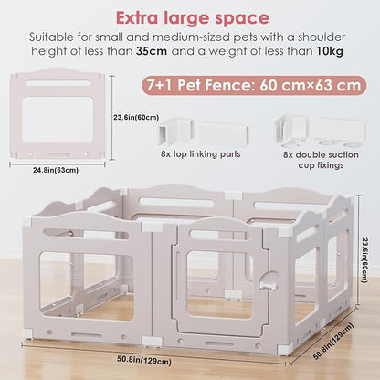 Acrylic Dog Playpen Indoor, Puppy Cat Small Pet Play Pen, 50.8" L x 50.8" W x 23.6" H Clear PlayPen for Cat Rabbit Ferret, Dog Fence Crate Whelping Cage (Apricot Gray, 8 Panel)