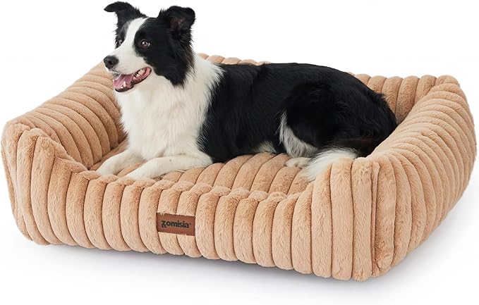 ZOMISIA Dog Bed Medium Size Dog - Large Rectangle Orthopedic Pet Bed with Fluffy Washable Cover and Anti-Slip Bottom, 30x24x9inches, Camel