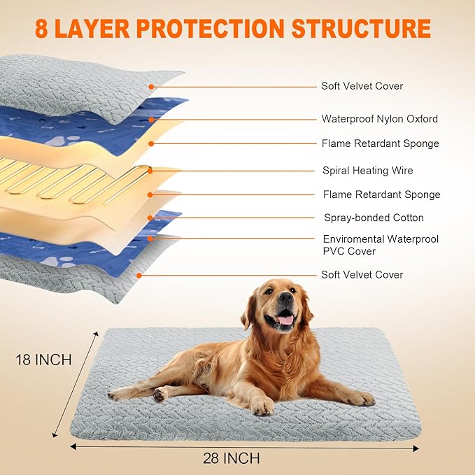 ENJOY PET Pet Heating Pad for Cats Dogs, Heated Dog Bed Indoor Dog Heating Pad with Chew Resistant Steel Cord, 12 Level Timer and Temperature Heated Pet Bed Electric Warming Blanket (28''x18'')