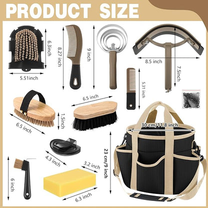 Abbylike 12 Pieces Horse Grooming Kit with Organizer Tote Bag Tack Room Supplies Horse Brush Sets Equine Care Cleaning Kit Shedding Grooming Massaging Tools(Black and Dark Grey)