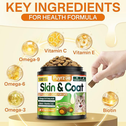 Puyrzoe Cat Skin and Coat Health - 500 Chews Crunchy & Creamy Cheese Core with Omega 3/6/9, Vitamins C & E, Biotin for Skin Hydration & Coat Shine Supplement for Cats Kittens - Chicken & Shrimp Flavor
