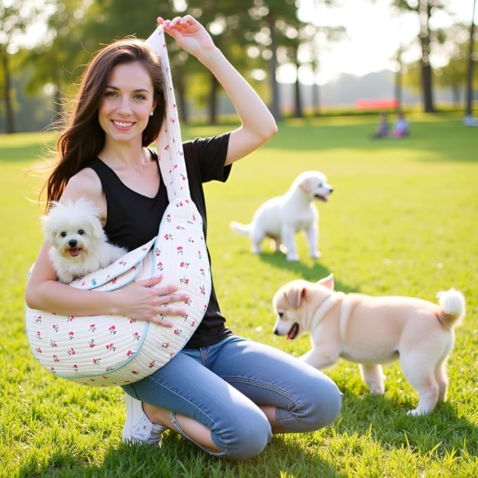 Floral Pet Carrier Sling, Breathable Cotton Dog Purse Carrier, Hand-Free Travel Puppy Purse for Small Dog 10-25 lbs, Cat Sling Chest, Per Mom Dad Gifts(White, Large)