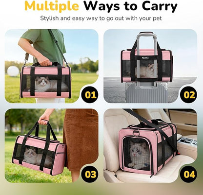 Hipubby Cat Carrier Dog Carrier for Pets Up to 16 Lbs, Soft-Sided Pet Travel Carrier for Cats and Small Dogs, Airline Approved Pet Carrying Case with Shoulder Strap & Removable Mat - Pink