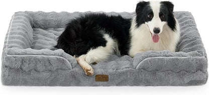COZY KISS Orthopedic Dog Bed for Extra Large Dog 44x32 inch, XL Faux Fur Pet Sofa, Bolster Foam Bed with Sides, Non-Slip and Egg-Crate Big Dog Couch Bed with Washable Removable Cover, Grey