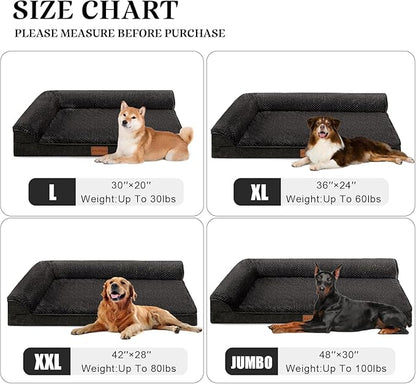 Orthopedic XL Dog Bed Large Sized Dog 42''X28'', Waterproof L Bolster Egg Crate Foam Big Pet Crate Beds with Washable Removable Cover, Non-Slip Soft Pet Couch Sleep Mat, Black