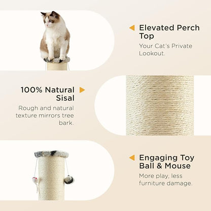 Joydeco Cat Scratching Post 38 Inches Heavy Duty and Thick Scratching Post Sisal Rope with Hanging Ball and Mice for Indoor Cats(Grey)